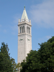 the UC Berkeley clock tower, with the morning fog clearing up