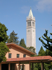 the UC Berkeley clock tower, with a bird in the sky