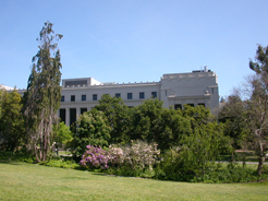 the meadow between Moffitt Library and the Life Science building, with the Life Sciences building in the background