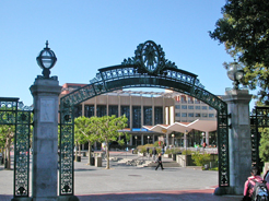 looking through Sather Gate at Sproul Plaza